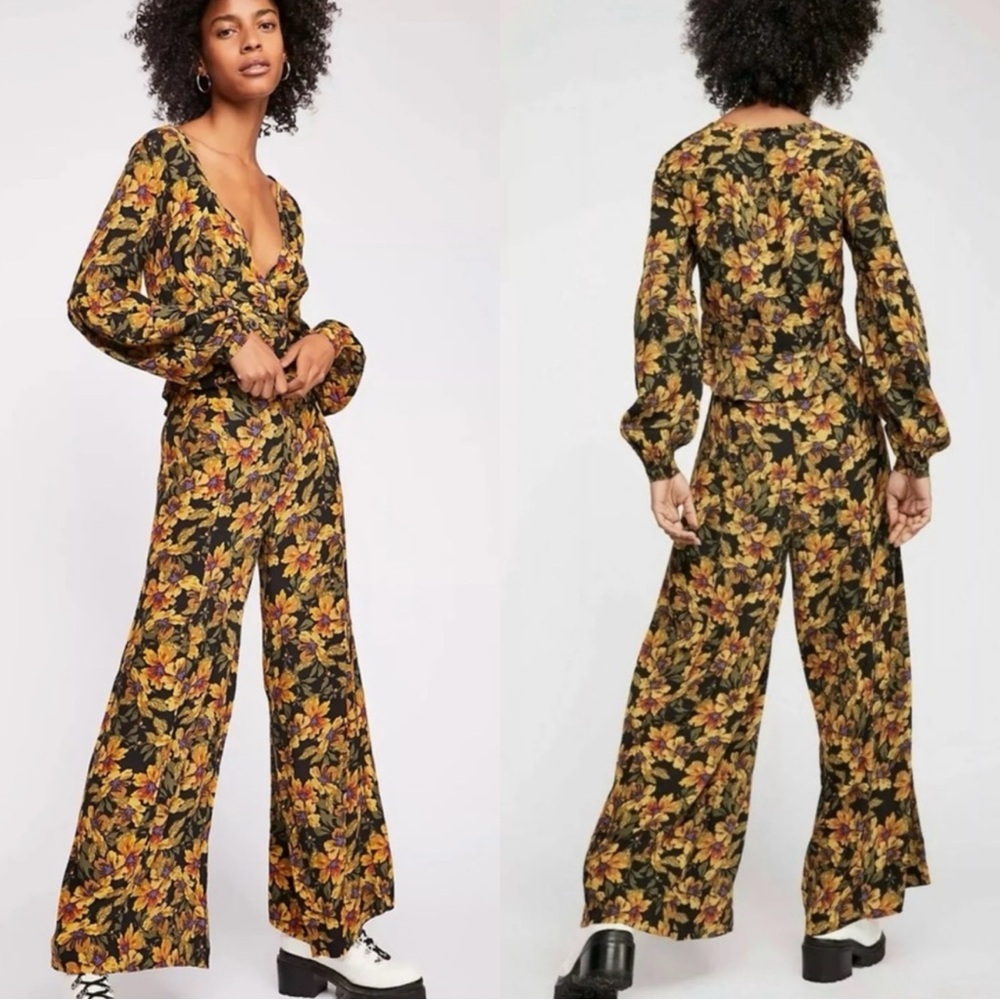 FREE PEOPLE Love Letter 2-Piece Set Floral Daisy Yellow Top & Wide Leg Pants